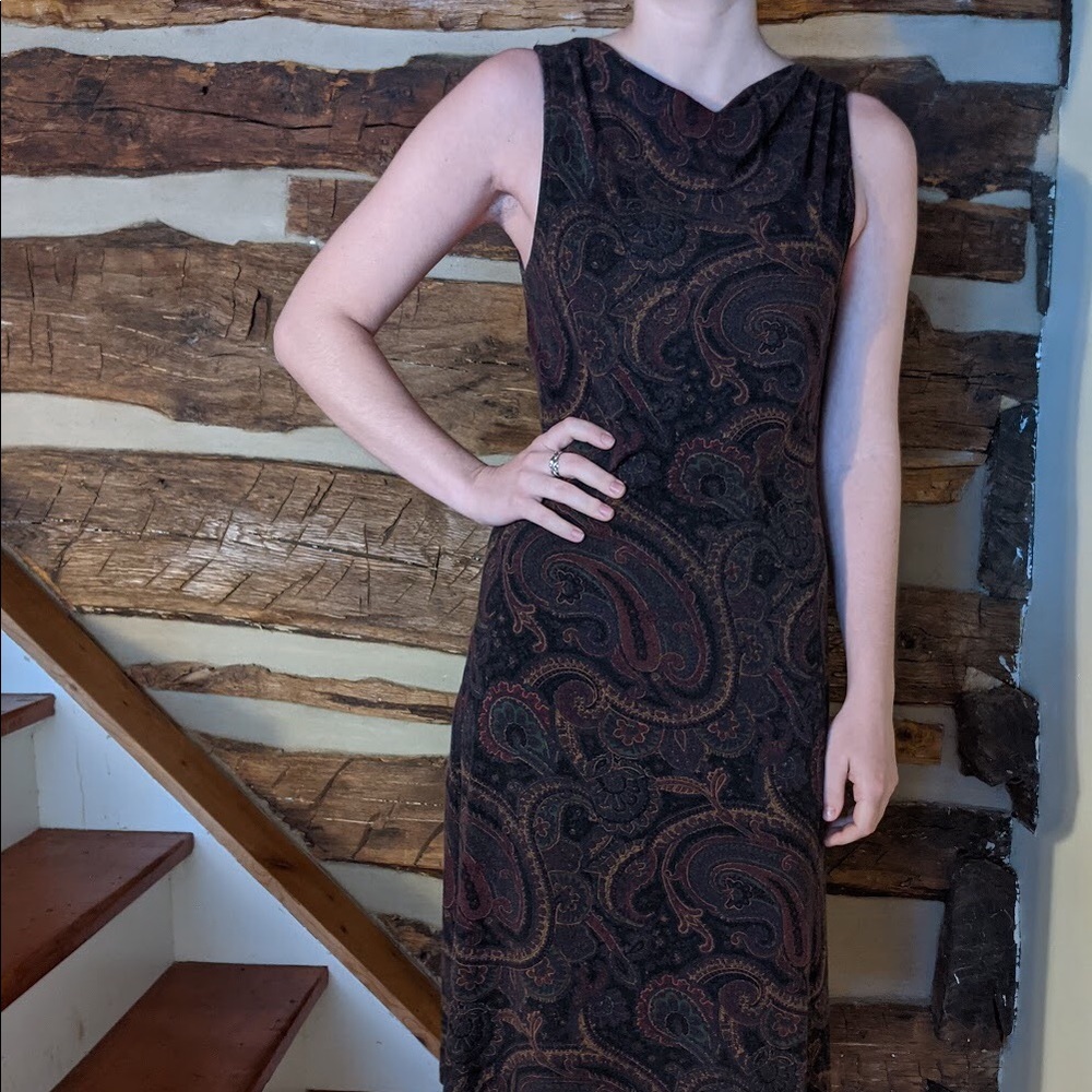 Vtg Ralph Lauren Paisley Midi Cowl Neck Dress